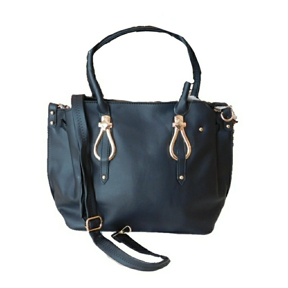 NWT - CHIC BLACK LEATHER DOUBLE HANDLE SHLDR BAG**Priced to Sell** - Picture 2 of 8